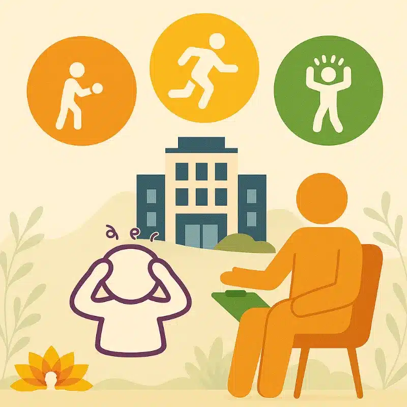 burn-out coaching voor medewerkers binnen organisaties, met coach en gestreste werknemer voor een kantoorpand, inclusief stressreacties vechten, vluchten en bevriezen – passend bij burn-out coaching in regio Den Bosch, Eindhoven en Nijmegen.