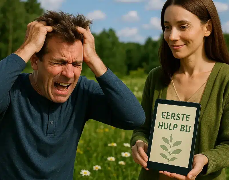 Een gestreste man trekt zich gefrustreerd aan zijn haren, terwijl een vrouw naast hem staat met het E-book “EERSTE HULP BIJ